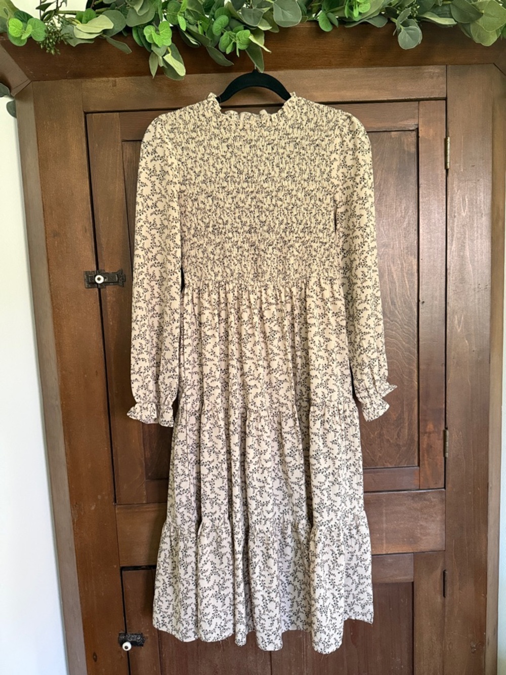 Hayden Cream Floral Smocked Long Sleeve Midi Dress